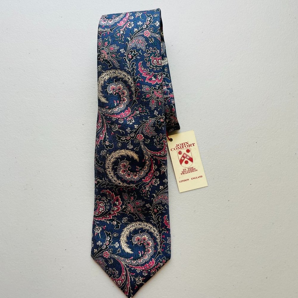 John Comfort Silk Mens Tie Paisley Floral Print NWT Made in England